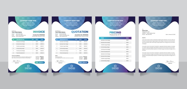 Creative business invoice bill form rate list quotation pricelist letterhead design template in 4 different color vector