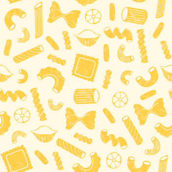Italian pasta seamless pattern. Different types of Italian pasta. Spaghetti, Farfalle, penne, rigatoni, ravioli, fusilli,conchiglie, elbows, rotelle, orzo, paccheri illustration. vector