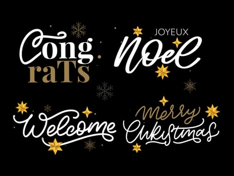 Merry Christmas set 2023 Happy New Year, typography lettering badge emblems quotes set collection. Vector logo design for postcard, invitation, greeting card, poster, gift.