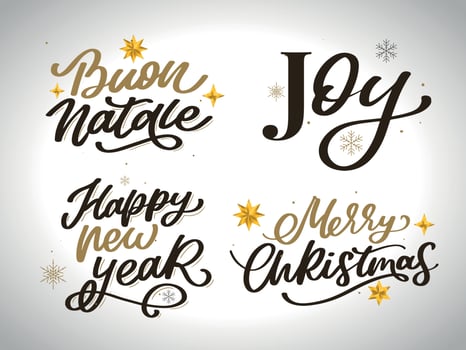 Merry Christmas set 2023 Happy New Year, typography lettering badge emblems quotes set collection. Vector logo design for postcard, invitation, greeting card, poster, gift.