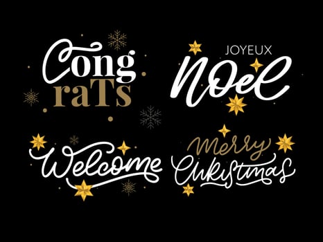 Merry Christmas set 2023 Happy New Year, typography lettering badge emblems quotes set collection. Vector logo design for postcard, invitation, greeting card, poster, gift.
