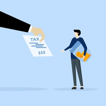 Tax burden concept, debt to pay income tax, businessman holding savings looking at tax bill. accounting or billing, financial burdens and obligations to pay government, wealth management or savings. vector