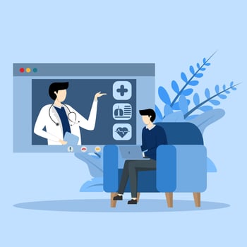 Concept of electronic health records and online medical services. Doctor in hospital reading EMR of patient. Patients carry out online consultations with specialist doctors. Vector illustration.