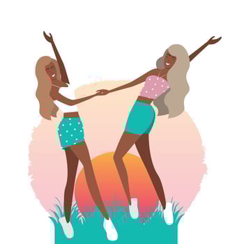 Young beautiful girls girlfriends friends rejoice summer at sunset in nature vector