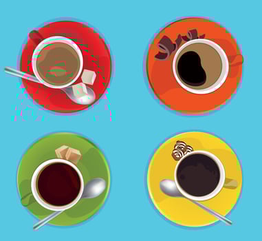 There are three types of coffee and one tea with sweets to choose from on a bright background vector