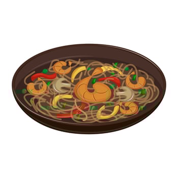 Japanese noodles - udon with shrimp and vegetables. Traditional Asian cuisine. Vector illustration. Cartoon.
