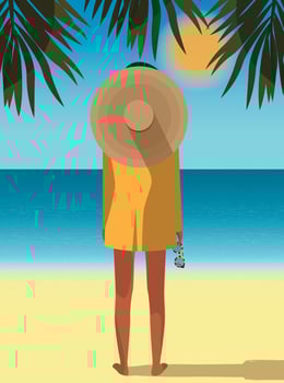 Digital illustration of a girl on summer vacation in a hat and jacket on the ocean beach among palm trees vector