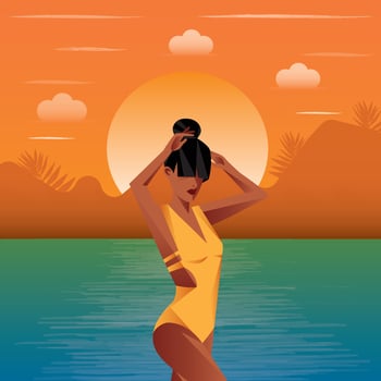 Digital art deco illustration using bright colors landscape girl in the ocean at sunset in summer on vacation vector