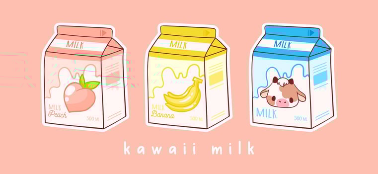 Set of three cartoons of milk. Three various tastes. Peach, banana and milk. Asian product. Hand drawn colored trendy vector illustration. Kawaii anime design. Cartoon style