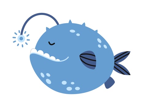 Vector blue angler fish. Cute sea fish in flat design. Lophius with flashlight.