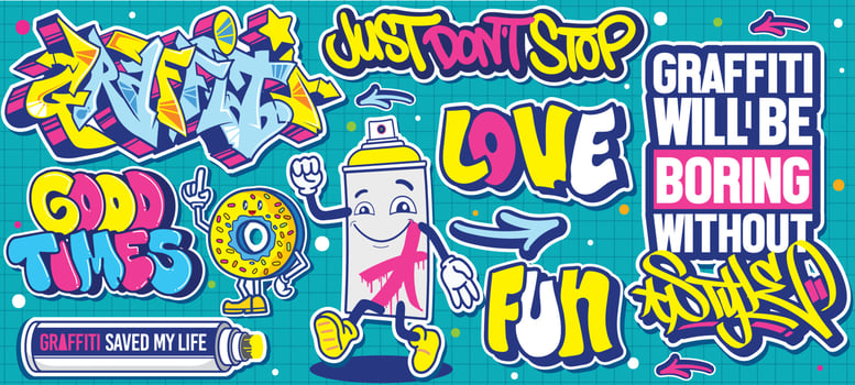 A set of colorful or vibrant graffiti art stickers. Street art theme, urban style for T-shirt design, graffiti design for wallpaper, wall art or print art designs. vector