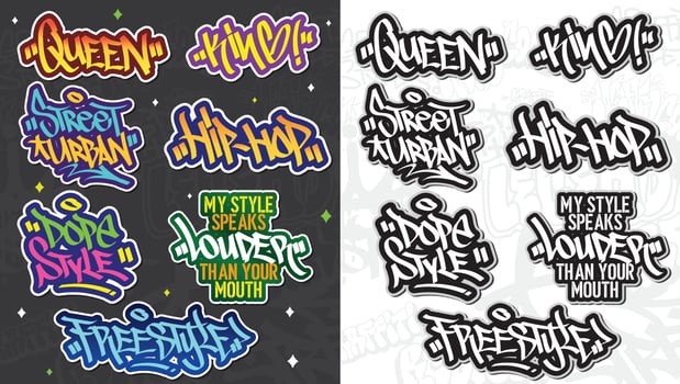 A set of colorful or vibrant graffiti art stickers. Street art theme, urban style for T-shirt design, graffiti design for wallpaper, wall art or print art designs. vector