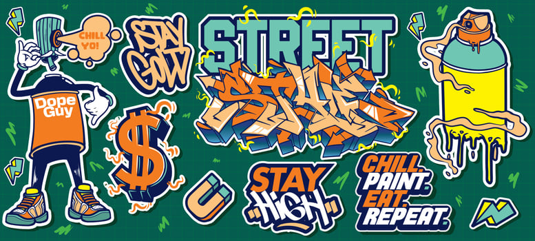 A set of colorful or vibrant graffiti art stickers. Street art theme, urban style for T-shirt design, graffiti design for wallpaper, wall art or print art designs. vector