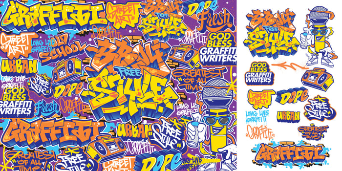 A set of colorful or vibrant graffiti art stickers. Street art theme, urban style for T-shirt design, graffiti design for wallpaper, wall art or print art designs. vector
