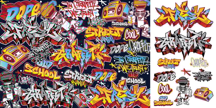 A set of colorful or vibrant graffiti art stickers. Street art theme, urban style for T-shirt design, graffiti design for wallpaper, wall art or print art designs. vector
