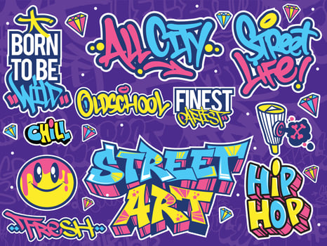 A set of colorful or vibrant graffiti art stickers. Street art theme, urban style for T-shirt design, graffiti design for wallpaper, wall art or print art designs. vector