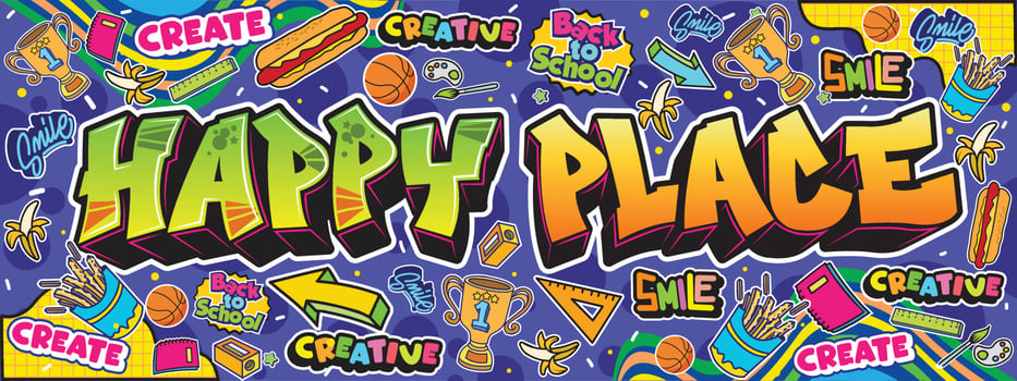 Happy Place text wall art in graffiti urban street art theme. Colorful and cute design illustration vector