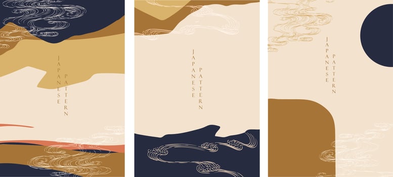 Japanese background with hand drawn wave in vintage style. Art landscape banner design. vector