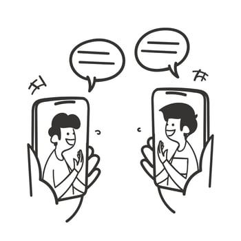 hand drawn doodle characters are having a video conference illustration vector