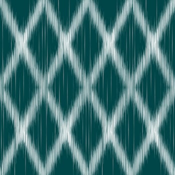 Uzbek tribal net ikat pattern. Dark green and white colors. Traditional fabric in Uzbekistan and Central Asia, using in home decor, cushioned furniture and fashion design. Ethnic fabric textile vector