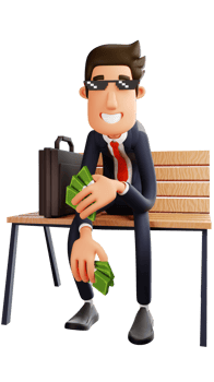 3D illustration. Rich young Businessman 3D Cartoon Character using Sunglasses. He sits on the chair. Young businessman sitting with brown briefcase and hand holding lots of money. 3D Cartoon Character png
