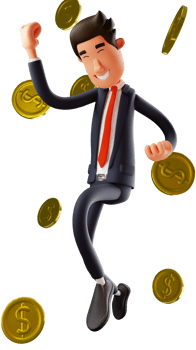 3D illustration. Happy 3D Young Businessman Cartoon Character. Young businessman jumping happily and surrounded by lots of gold coins. 3D Cartoon Character png