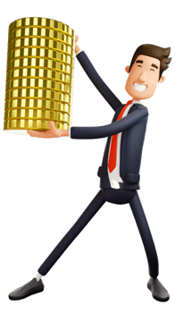 3D illustration. Successful young Businessman 3D Cartoon Character. Young businessman smiling proudly showing off his pile of gold coins. 3D Cartoon Character png
