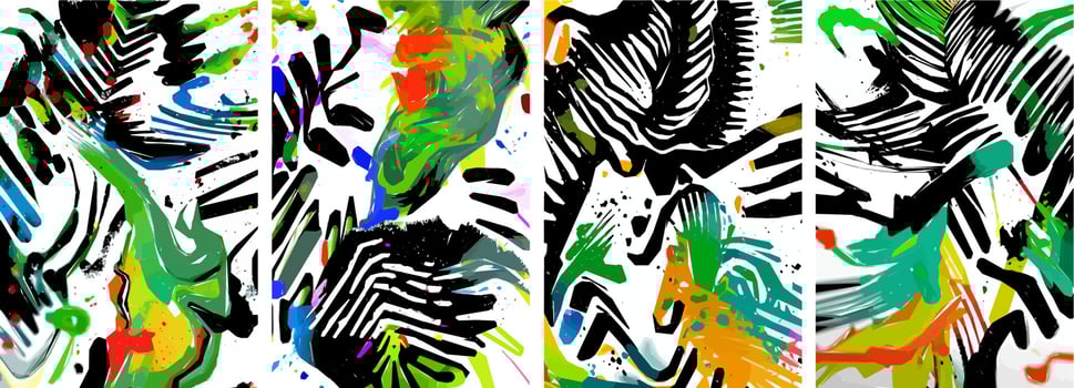 Set of hand drawn abstract nature background. vector colorful watercolor ink doodle tropical leaves flowers, splatters and shapes, background for paper, cover, fabric, interior decor.