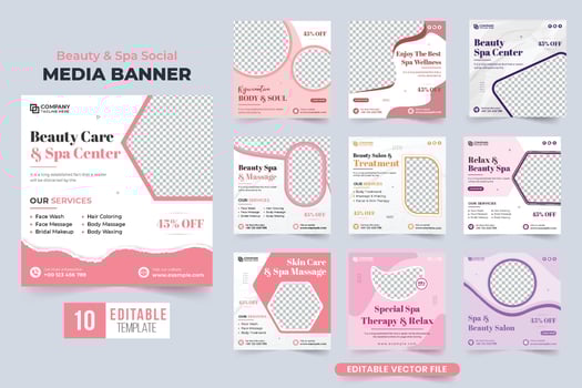 Beauty care center advertisement poster bundle with pink and dark colors. Skincare and spa business promotion template collection. Spa therapy and body massage social media post set vector. vector