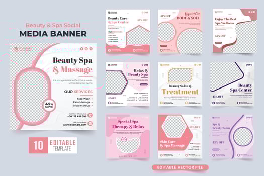 Beauty spa and relaxation center social media post collection with abstract shapes. Modern beauty parlor business template set for social media marketing. Spa massage discount web banner bundle. vector