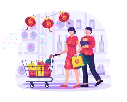 A couple is shopping in the grocery market store. A woman holding a trolley and a man holds gifts. Chinese new year shopping illustration vector
