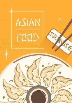 Jiaozi. Vertical banner. Asian food. Chinese New Year fried dumplings, shaped like ancient silver and gold ingots. Circle, sun, soy sauce. For menu, cafe, advertising. vector
