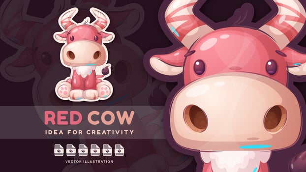 Sticker cartoon character adorable cow, pretty animal idea for print t-shirt, poster and kids envelope, postcard. Cute hand drawn style bull. vector