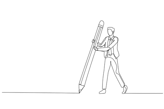 Cartoon of businessman holding big pencil drawing the boundary line concept of privacy. One line art style vector