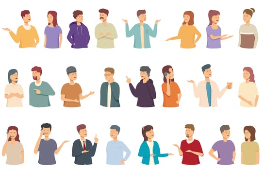 Serious conversation icons set cartoon vector. Business phone vector