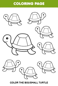 Education game for children coloring page big or small picture of cute cartoon turtle line art printable underwater worksheet vector