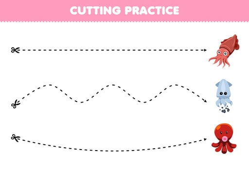 Education game for children cutting practice with cute cartoon cuttlefish squid octopus picture printable underwater worksheet vector