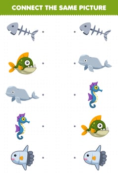Education game for children connect the same picture of cartoon fish bone piranha beluga seahorse sunfish printable underwater worksheet vector