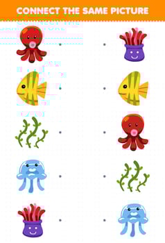 Education game for children connect the same picture of cartoon octopus fish seaweed jellyfish anemone printable underwater worksheet vector