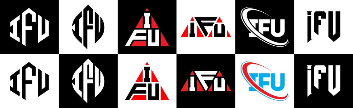 IFU letter logo design in six style. IFU polygon, circle, triangle, hexagon, flat and simple style with black and white color variation letter logo set in one artboard. IFU minimalist and classic logo vector