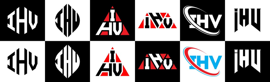 IHV letter logo design in six style. IHV polygon, circle, triangle, hexagon, flat and simple style with black and white color variation letter logo set in one artboard. IHV minimalist and classic logo vector