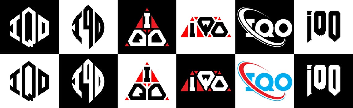 IQO letter logo design in six style. IQO polygon, circle, triangle, hexagon, flat and simple style with black and white color variation letter logo set in one artboard. IQO minimalist and classic logo vector