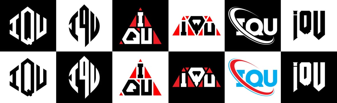 IQU letter logo design in six style. IQU polygon, circle, triangle, hexagon, flat and simple style with black and white color variation letter logo set in one artboard. IQU minimalist and classic logo vector