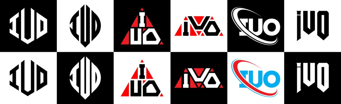 IUO letter logo design in six style. IUO polygon, circle, triangle, hexagon, flat and simple style with black and white color variation letter logo set in one artboard. IUO minimalist and classic logo vector