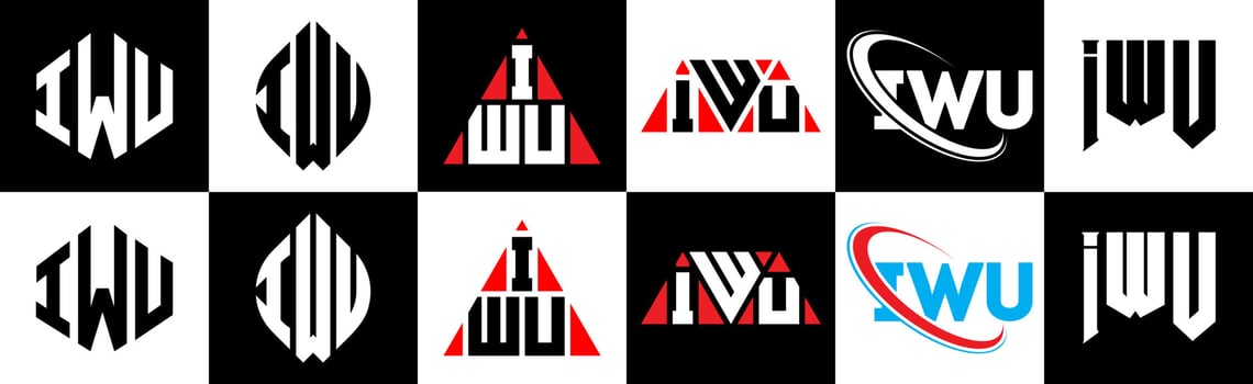 IWU letter logo design in six style. IWU polygon, circle, triangle, hexagon, flat and simple style with black and white color variation letter logo set in one artboard. IWU minimalist and classic logo vector