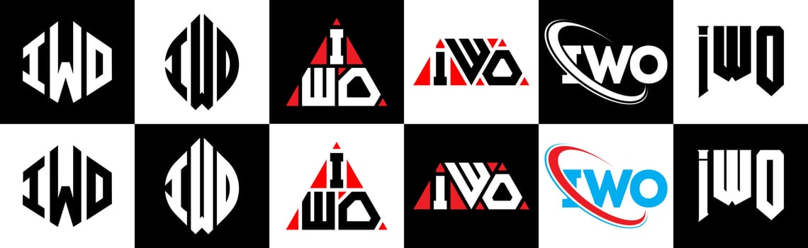 IWO letter logo design in six style. IWO polygon, circle, triangle, hexagon, flat and simple style with black and white color variation letter logo set in one artboard. IWO minimalist and classic logo vector
