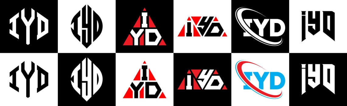 IYD letter logo design in six style. IYD polygon, circle, triangle, hexagon, flat and simple style with black and white color variation letter logo set in one artboard. IYD minimalist and classic logo vector