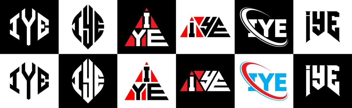 IYE letter logo design in six style. IYE polygon, circle, triangle, hexagon, flat and simple style with black and white color variation letter logo set in one artboard. IYE minimalist and classic logo vector