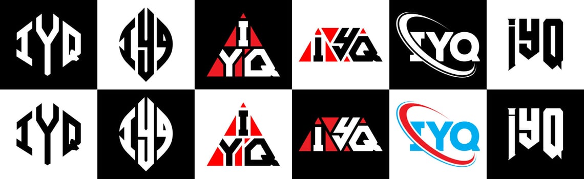 IYQ letter logo design in six style. IYQ polygon, circle, triangle, hexagon, flat and simple style with black and white color variation letter logo set in one artboard. IYQ minimalist and classic logo vector