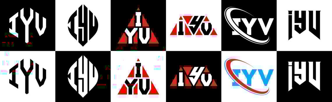 IYV letter logo design in six style. IYV polygon, circle, triangle, hexagon, flat and simple style with black and white color variation letter logo set in one artboard. IYV minimalist and classic logo vector